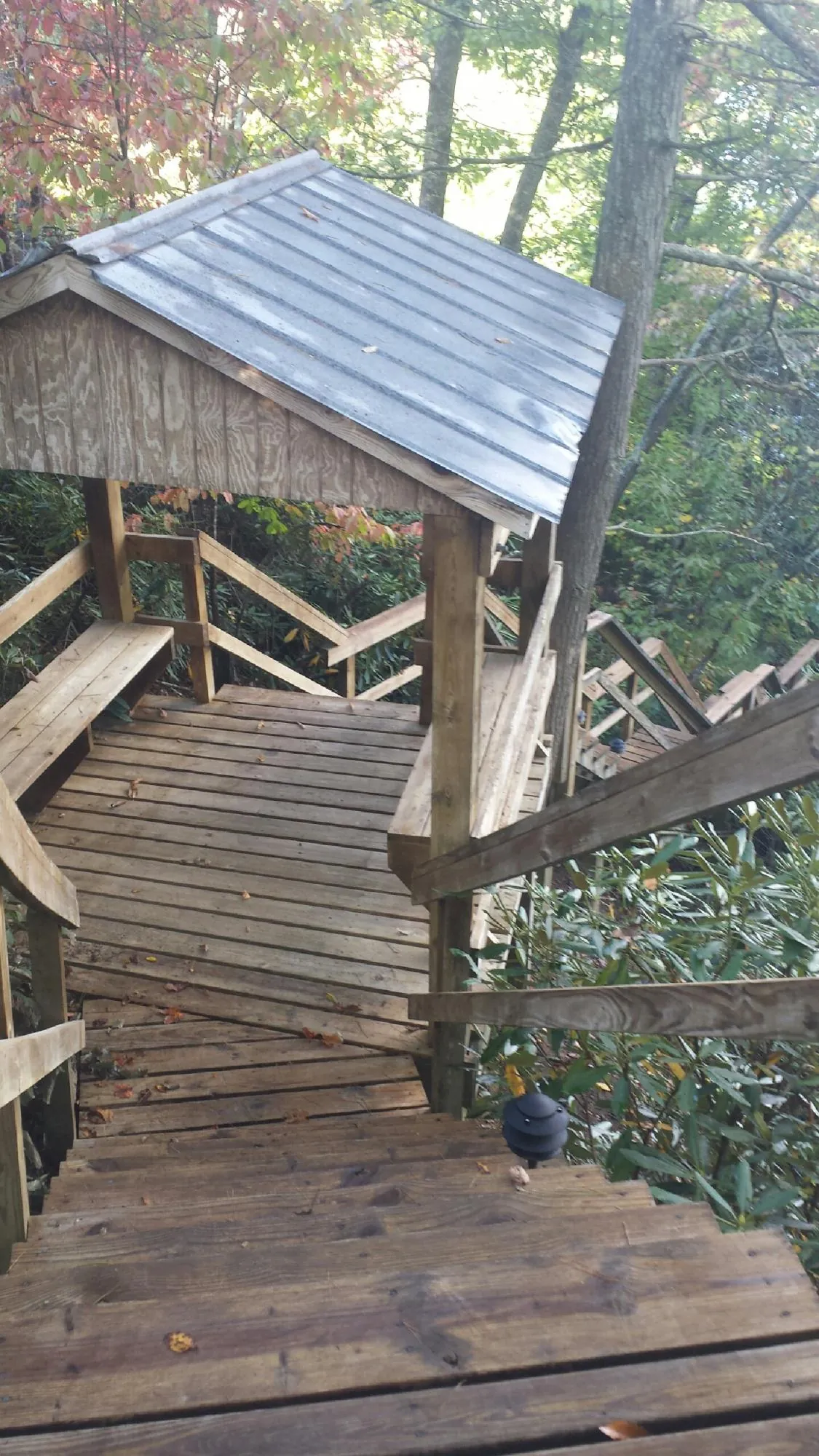 Metal roofed shelter over wooden steps on a wooded walkway — Skylight Repair & Installation work by our crew in De Soto